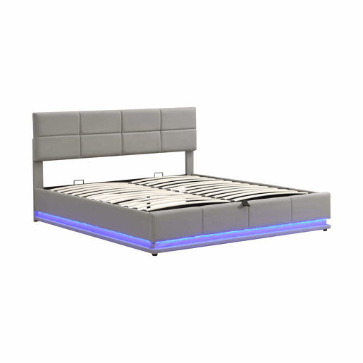 Cama contentora estofada 180x200 cm com iluminação LED - em imitação de pele - Cinzento claro Cama contentora estofada 180x200 cm com iluminação LED - em imitação de pele - Cinzento claro
