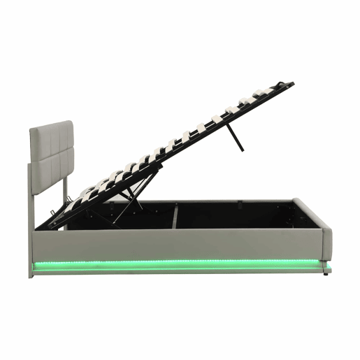 Cama contentora estofada 180x200 cm com iluminação LED - em imitação de pele - Cinzento claro Cama contentora estofada 180x200 cm com iluminação LED - em imitação de pele - Cinzento claro
