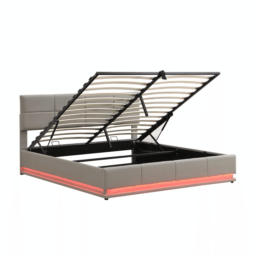Cama contentora estofada 180x200 cm com iluminação LED - em imitação de pele - Cinzento claro Cama contentora estofada 180x200 cm com iluminação LED - em imitação de pele - Cinzento claro