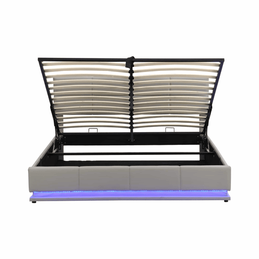 Cama contentora estofada 180x200 cm com iluminação LED - em imitação de pele - Cinzento claro Cama contentora estofada 180x200 cm com iluminação LED - em imitação de pele - Cinzento claro