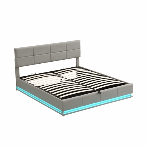 Cama contentora estofada 180x200 cm com iluminação LED - em imitação de pele - Cinzento claro Cama contentora estofada 180x200 cm com iluminação LED - em imitação de pele - Cinzento claro