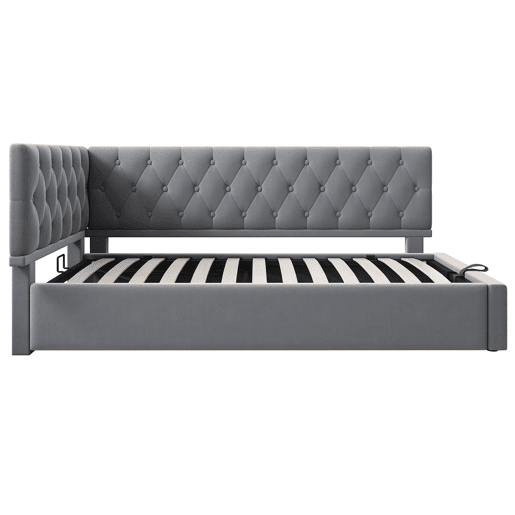 Cama individual 90x200 cm - Sofá-cama com armazenamento hidráulico, estrutura em madeira com estrado, veludo - Cinza