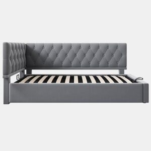 Cama individual 90x200 cm - Sofá-cama com armazenamento hidráulico, estrutura em madeira com estrado, veludo - Cinza