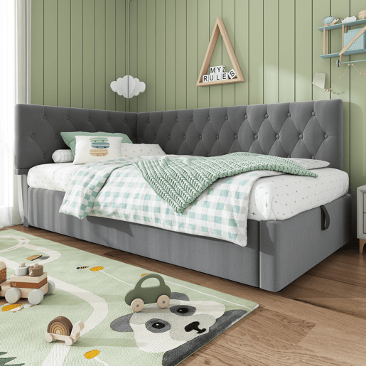 Cama individual 90x200 cm - Sofá-cama com armazenamento hidráulico, estrutura em madeira com estrado, veludo - Cinza