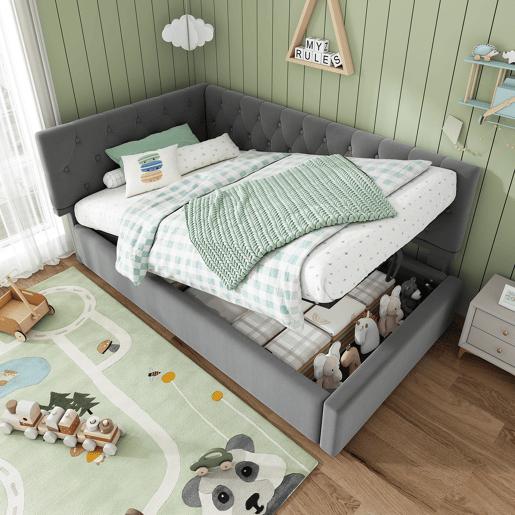 Cama individual 90x200 cm - Sofá-cama com armazenamento hidráulico, estrutura em madeira com estrado, veludo - Cinza