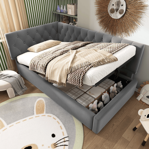Cama individual 90x200 cm - Sofá-cama com armazenamento hidráulico, estrutura em madeira com estrado, veludo - Cinza