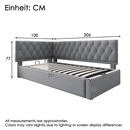 Cama individual 90x200 cm - Sofá-cama com armazenamento hidráulico, estrutura em madeira com estrado, veludo - Cinza