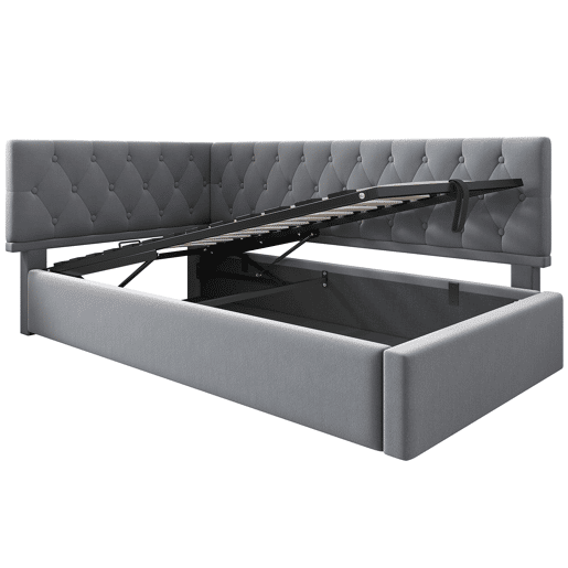 Cama individual 90x200 cm - Sofá-cama com armazenamento hidráulico, estrutura em madeira com estrado, veludo - Cinza