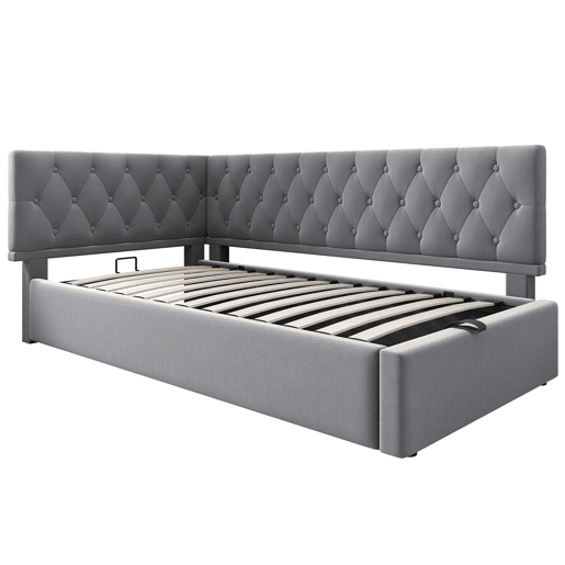 Cama individual 90x200 cm - Sofá-cama com armazenamento hidráulico, estrutura em madeira com estrado, veludo - Cinza