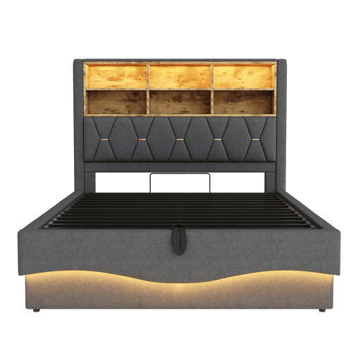 Cama estofada 140x200 cm - Com armazenamento hidráulico, luz LED controlada por APP, porta USB, base de metal - Cinza Cama estofada 140x200 cm - Com armazenamento hidráulico, luz LED controlada por APP, porta USB, base de metal - Cinza