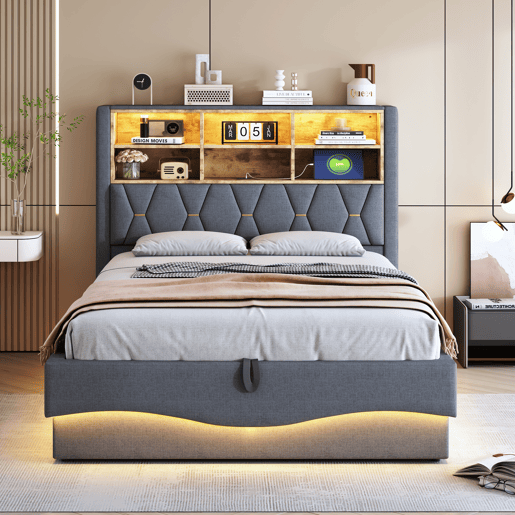 Cama estofada 140x200 cm - Com armazenamento hidráulico, luz LED controlada por APP, porta USB, base de metal - Cinza Cama estofada 140x200 cm - Com armazenamento hidráulico, luz LED controlada por APP, porta USB, base de metal - Cinza
