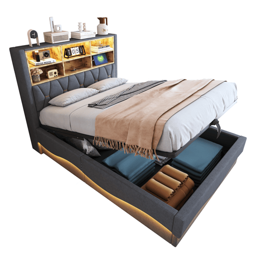 Cama estofada 140x200 cm - Com armazenamento hidráulico, luz LED controlada por APP, porta USB, base de metal - Cinza Cama estofada 140x200 cm - Com armazenamento hidráulico, luz LED controlada por APP, porta USB, base de metal - Cinza