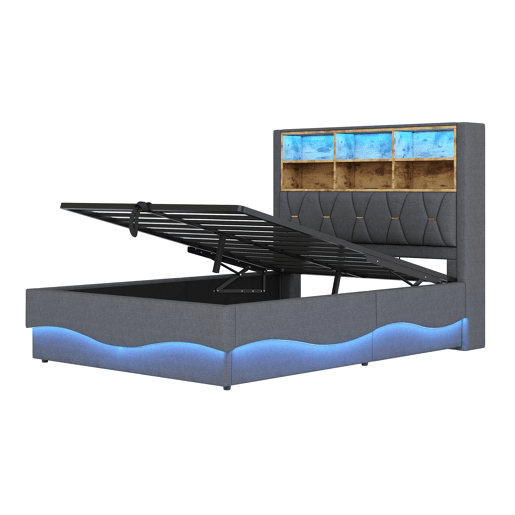Cama estofada 140x200 cm - Com armazenamento hidráulico, luz LED controlada por APP, porta USB, base de metal - Cinza Cama estofada 140x200 cm - Com armazenamento hidráulico, luz LED controlada por APP, porta USB, base de metal - Cinza