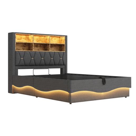 Cama estofada 140x200 cm - Com armazenamento hidráulico, luz LED controlada por APP, porta USB, base de metal - Cinza Cama estofada 140x200 cm - Com armazenamento hidráulico, luz LED controlada por APP, porta USB, base de metal - Cinza