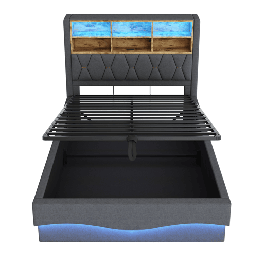 Cama estofada 140x200 cm - Com armazenamento hidráulico, luz LED controlada por APP, porta USB, base de metal - Cinza Cama estofada 140x200 cm - Com armazenamento hidráulico, luz LED controlada por APP, porta USB, base de metal - Cinza