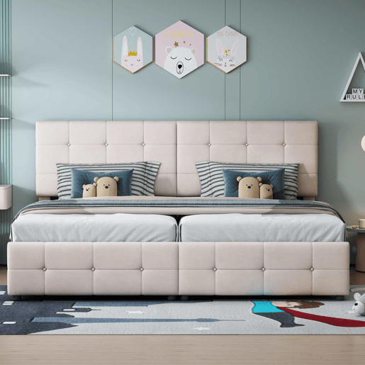 Cama contentora estofada 180x200cm em veludo - convertível em 2 camas individuais - Bege Cama contentora estofada 180x200cm em veludo - convertível em 2 camas individuais - Bege