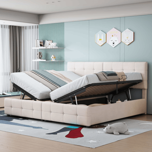 Cama contentora estofada 180x200cm em veludo - convertível em 2 camas individuais - Bege Cama contentora estofada 180x200cm em veludo - convertível em 2 camas individuais - Bege