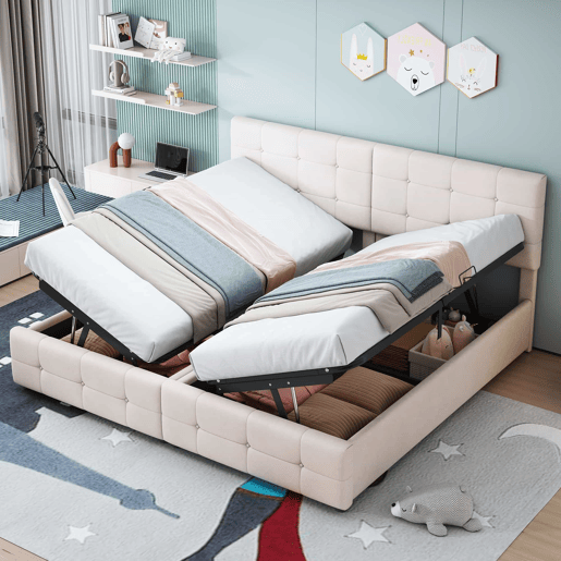 Cama contentora estofada 180x200cm em veludo - convertível em 2 camas individuais - Bege Cama contentora estofada 180x200cm em veludo - convertível em 2 camas individuais - Bege