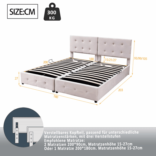 Cama contentora estofada 180x200cm em veludo - convertível em 2 camas individuais - Bege Cama contentora estofada 180x200cm em veludo - convertível em 2 camas individuais - Bege