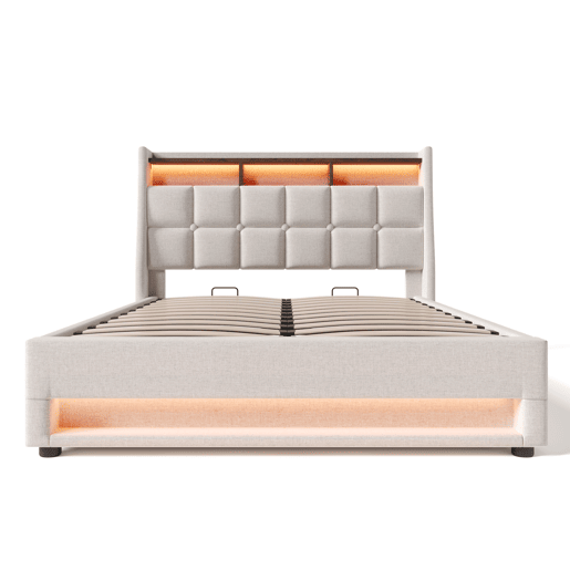 Cama para arrumação de roupa de cama 140x200 cm com LED e portas USB - estrado - bege Cama para arrumação de roupa de cama 140x200 cm com LED e portas USB - estrado - bege