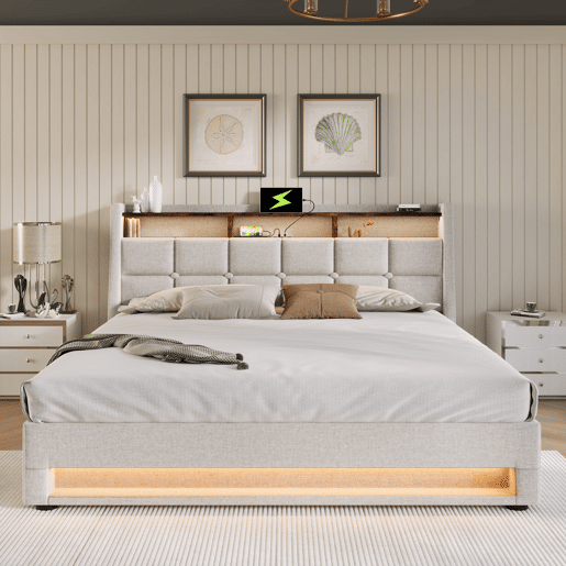 Cama para arrumação de roupa de cama 140x200 cm com LED e portas USB - estrado - bege Cama para arrumação de roupa de cama 140x200 cm com LED e portas USB - estrado - bege