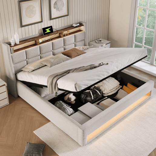 Cama para arrumação de roupa de cama 140x200 cm com LED e portas USB - estrado - bege Cama para arrumação de roupa de cama 140x200 cm com LED e portas USB - estrado - bege