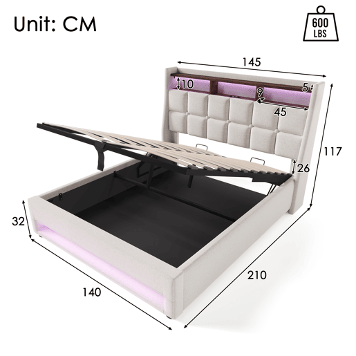 Cama para arrumação de roupa de cama 140x200 cm com LED e portas USB - estrado - bege Cama para arrumação de roupa de cama 140x200 cm com LED e portas USB - estrado - bege