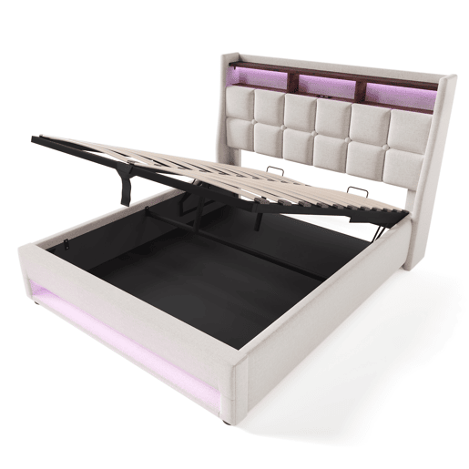 Cama para arrumação de roupa de cama 140x200 cm com LED e portas USB - estrado - bege Cama para arrumação de roupa de cama 140x200 cm com LED e portas USB - estrado - bege