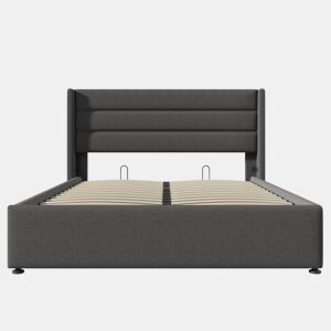 Cama de casal hidráulica 140x200 - estofada, com colchão e estrado de madeira e metal - Cinza