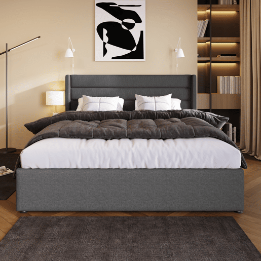 Cama de casal hidráulica 140x200 - estofada, com colchão e estrado de madeira e metal - Cinza Cama de casal hidráulica 140x200 - estofada, com colchão e estrado de madeira e metal - Cinza