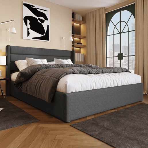 Cama de casal hidráulica 140x200 - estofada, com colchão e estrado de madeira e metal - Cinza Cama de casal hidráulica 140x200 - estofada, com colchão e estrado de madeira e metal - Cinza