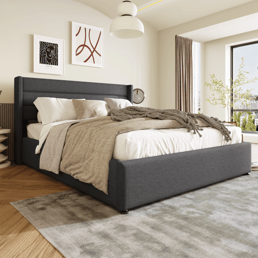 Cama de casal hidráulica 140x200 - estofada, com colchão e estrado de madeira e metal - Cinza Cama de casal hidráulica 140x200 - estofada, com colchão e estrado de madeira e metal - Cinza