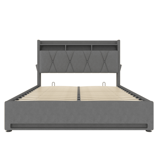 Estrutura de cama estofada 140x200 cm - Iluminação LED, carregamento USB Tipo C, arrumação debaixo da cama, cabeceira com arrumação, estrutura hidráulica - Cinza Estrutura de cama estofada 140x200 cm - Iluminação LED, carregamento USB Tipo C, arrumação debaixo da cama, cabeceira com arrumação, estrutura hidráulica - Cinza