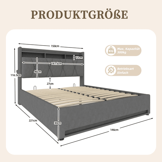 Estrutura de cama estofada 140x200 cm - Iluminação LED, carregamento USB Tipo C, arrumação debaixo da cama, cabeceira com arrumação, estrutura hidráulica - Cinza Estrutura de cama estofada 140x200 cm - Iluminação LED, carregamento USB Tipo C, arrumação debaixo da cama, cabeceira com arrumação, estrutura hidráulica - Cinza