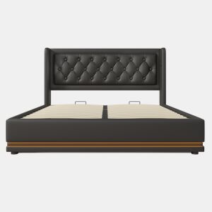 Cama estofada 140*200 cm - Material PU, cama com arrumação hidráulica, cabeceira acolchoada com carregador USB Tipo-C, função LED em 3 lados - Preto