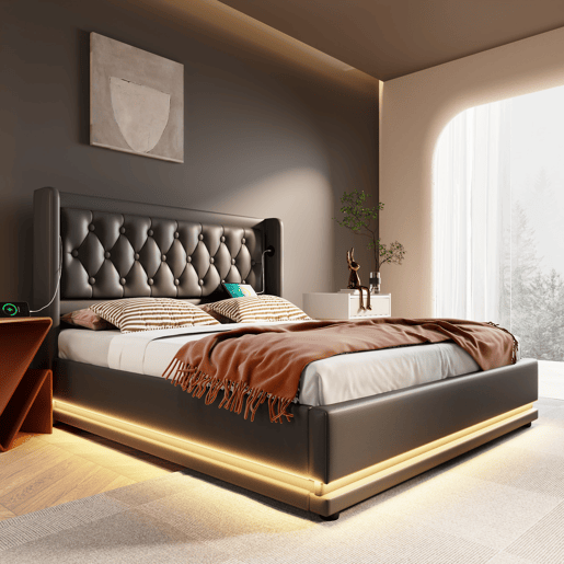 Cama estofada 140*200 cm - Material PU, cama com arrumação hidráulica, cabeceira acolchoada com carregador USB Tipo-C, função LED em 3 lados - Preto Cama estofada 140*200 cm - Material PU, cama com arrumação hidráulica, cabeceira acolchoada com carregador USB Tipo-C, função LED em 3 lados - Preto
