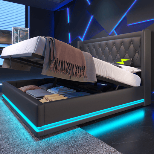 Cama estofada 140*200 cm - Material PU, cama com arrumação hidráulica, cabeceira acolchoada com carregador USB Tipo-C, função LED em 3 lados - Preto Cama estofada 140*200 cm - Material PU, cama com arrumação hidráulica, cabeceira acolchoada com carregador USB Tipo-C, função LED em 3 lados - Preto