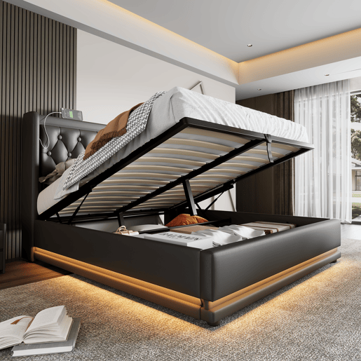 Cama estofada 140*200 cm - Material PU, cama com arrumação hidráulica, cabeceira acolchoada com carregador USB Tipo-C, função LED em 3 lados - Preto Cama estofada 140*200 cm - Material PU, cama com arrumação hidráulica, cabeceira acolchoada com carregador USB Tipo-C, função LED em 3 lados - Preto