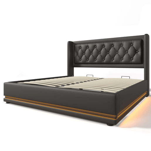 Cama estofada 140*200 cm - Material PU, cama com arrumação hidráulica, cabeceira acolchoada com carregador USB Tipo-C, função LED em 3 lados - Preto Cama estofada 140*200 cm - Material PU, cama com arrumação hidráulica, cabeceira acolchoada com carregador USB Tipo-C, função LED em 3 lados - Preto