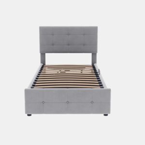 Cama contentor estofada em veludo 90x200cm - Cinzento