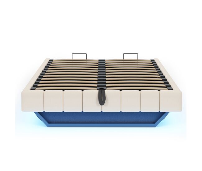 Cama tapizada 140x200 cm - estructura flotante hidráulica con almacenamiento, cama multifuncional sin cabecero con luz led - beige