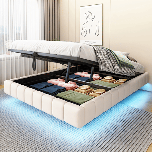 Cama estofada 140x200 cm - Estrutura flutuante hidráulica com arrumação, cama multifuncional sem cabeceira com luz LED - Bege