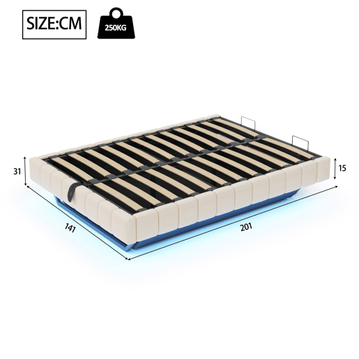 Cama estofada 140x200 cm - Estrutura flutuante hidráulica com arrumação, cama multifuncional sem cabeceira com luz LED - Bege