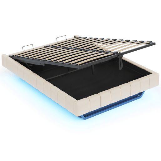 Cama estofada 140x200 cm - Estrutura flutuante hidráulica com arrumação, cama multifuncional sem cabeceira com luz LED - Bege
