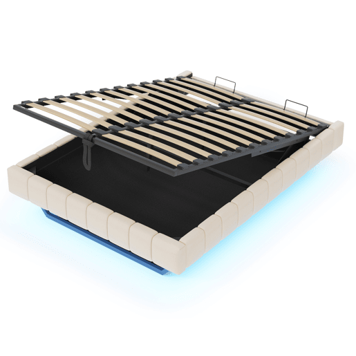 Cama estofada 140x200 cm - Estrutura flutuante hidráulica com arrumação, cama multifuncional sem cabeceira com luz LED - Bege