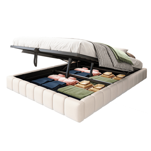 Cama estofada 140x200 cm - Estrutura flutuante hidráulica com arrumação, cama multifuncional sem cabeceira com luz LED - Bege