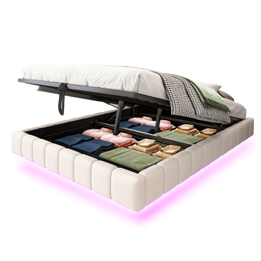 Cama estofada 140x200 cm - Estrutura flutuante hidráulica com arrumação, cama multifuncional sem cabeceira com luz LED - Bege