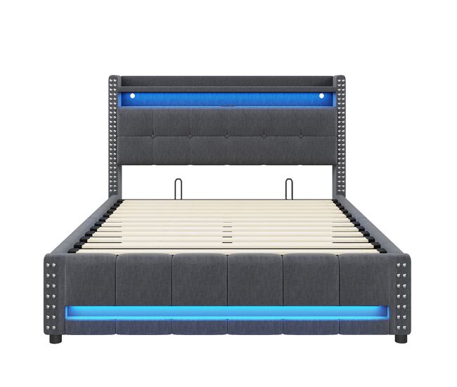 Cama tapizada 160*200 - con led, usb, cabezal con estantes y almacenamiento, hidráulica para almacenamiento - gris