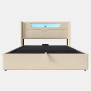 Cama contentora 140x200cm estofada em linho - com LEDs e portas de carregamento - com estrado de molas - Bege
