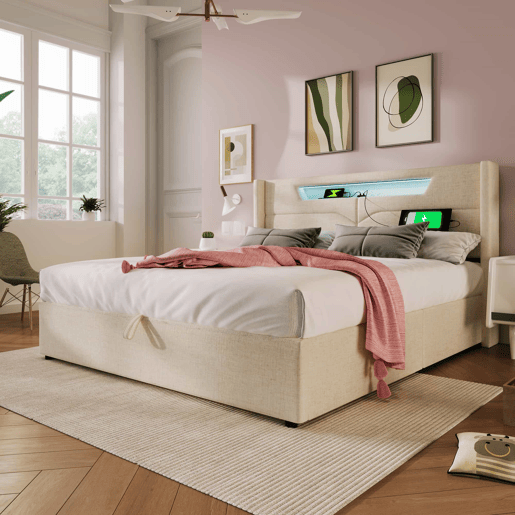Cama contentora 140x200cm estofada em linho - com LEDs e portas de carregamento - com estrado de molas - Bege